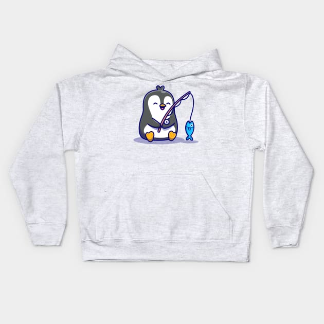 Cute Penguin Fishing Cartoon Kids Hoodie by Catalyst Labs